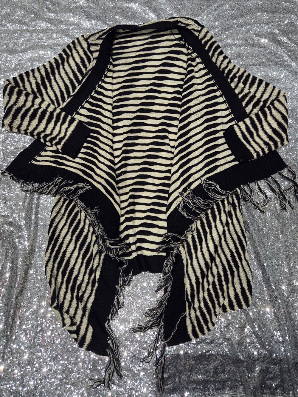Halo Black and Cream Striped Fringe Open-Front Cardigan